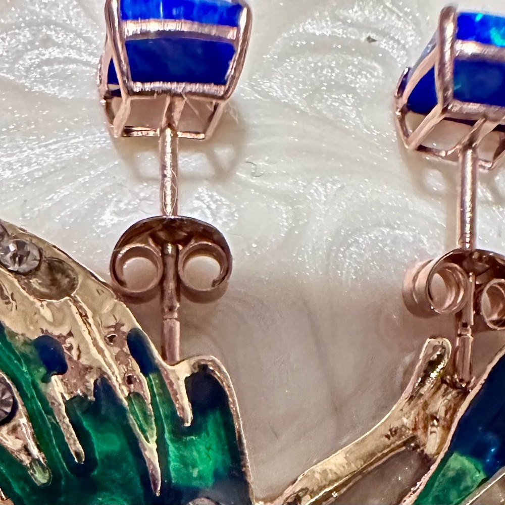 14K solid Rose Gold Genuine .98ctsBlue Opal Princess Cut Stud Earrings - Picture 7 of 12